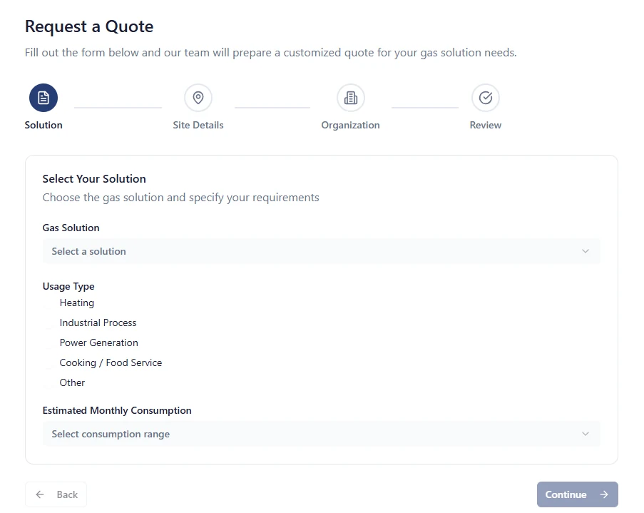 Guided multi-step quote request form for industrial solutions